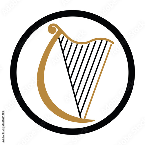 Elegant Harp Symbol within a Bold Circle Design Representing Irish Heritage and Musical Tradition Suitable for Logos Branding and Artistic Projects Showcasing Irish Culture