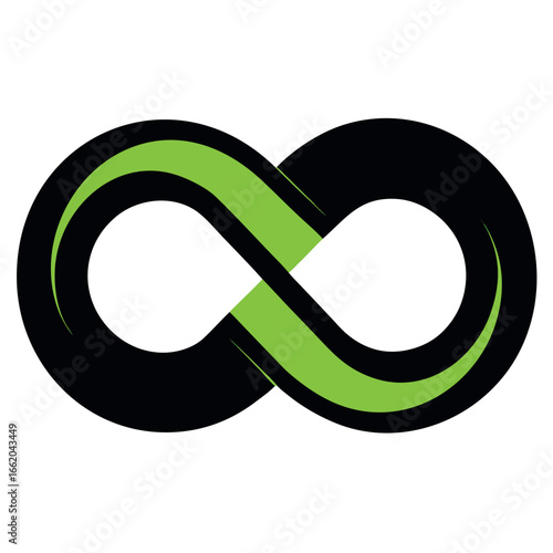 Black and Green Infinity Symbol on White Background Representing Endless Possibilities and Continuous Progress in a Modern Design Suitable for Branding and Conceptual Illustration