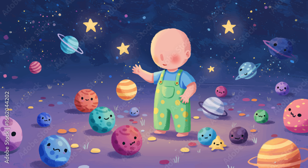 Naklejka premium Adorable Baby Exploring Colorful Planets and Stars in Space