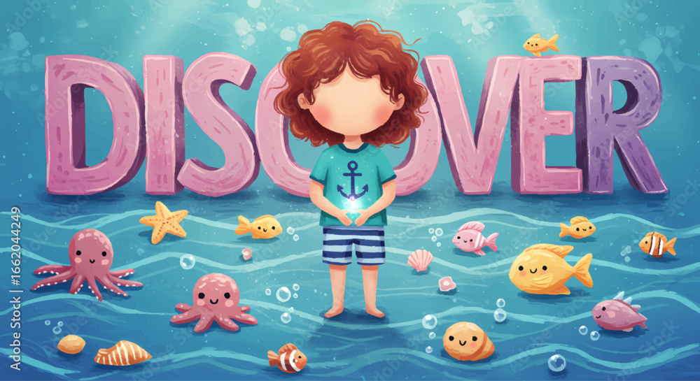 Fototapeta premium Child Discovering Marine Life with Fish and Octopus Underwater