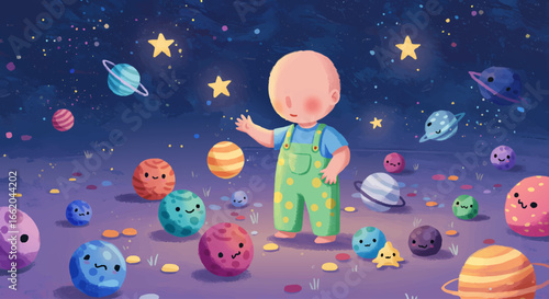 Adorable Baby Exploring Colorful Planets and Stars in Space