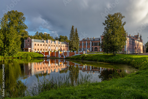 Photography Historic Marfino estate, cultural heritage site with pond reflection, Moscow reg