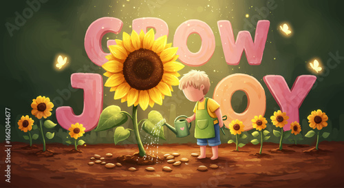 Cheerful Child Watering Sunflowers with the Words GROW JOY