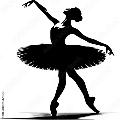 Elegant Silhouette: A poised ballerina, captured in a striking silhouette, dances gracefully with a touch of finesse. Her form is accentuated by a voluminous tutu and precise dance steps.