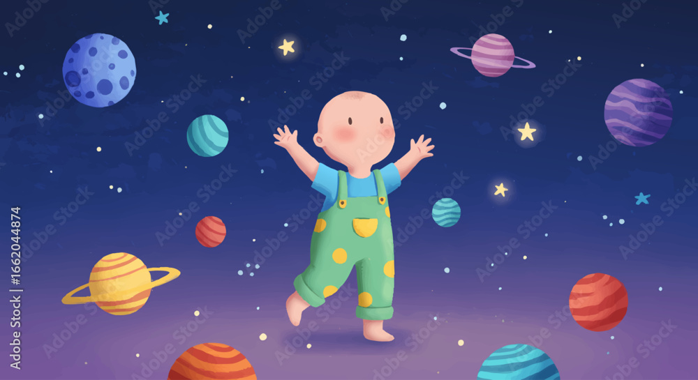 Naklejka premium Adorable Baby Walking Among Colorful Planets and Stars
