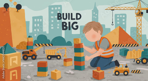 Child Building Blocks in a Fun Construction Site Scene
