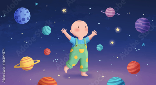 Adorable Baby Walking Among Colorful Planets and Stars