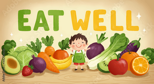 Happy Child Surrounded by Colorful Healthy Vegetables EAT WELL