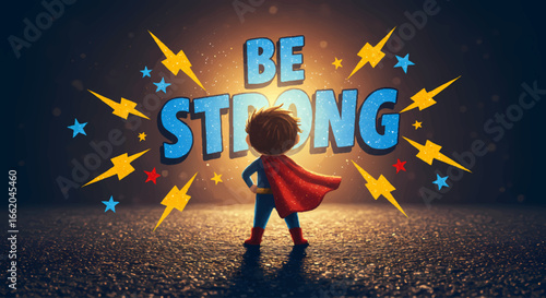 Little Child Superhero Standing with BE STRONG Message