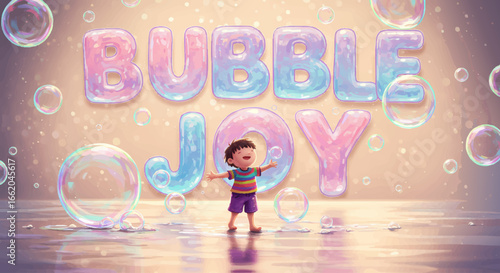 Happy Child Playing with Colorful Bubbles and BUBBLE JOY