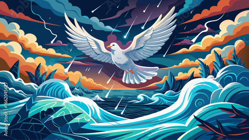 Amid stormy sea, thunder echoes, lightning shatters, a single dove flying overhead glides gracefully, embodying peace within chaos, shadows tremble, radiant stillness