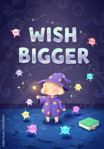 Little wizard girl wishing bigger with magic and colorful spirits
