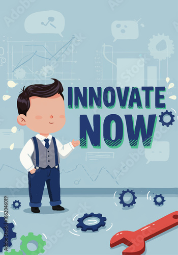 Little boy in business attire inspiring innovation with gears