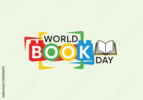 Vector illustration of world book day celebration with colorful blocks and open book illustration