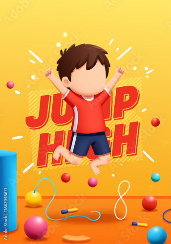 Little boy jumping high with colorful balls and skipping rope