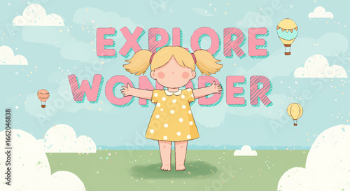 Little girl exploring wonder with hot air balloons in an open field