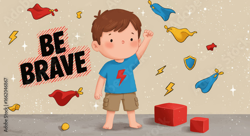 Little boy being brave a superhero with capes and lightning