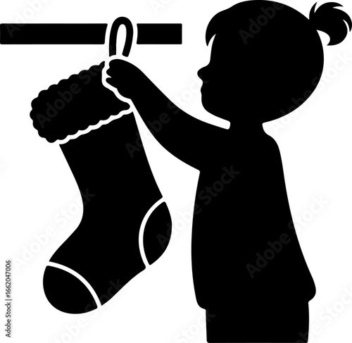 minimal black silhouette of a person or child hanging a Christmas stocking on a fireplace mantel