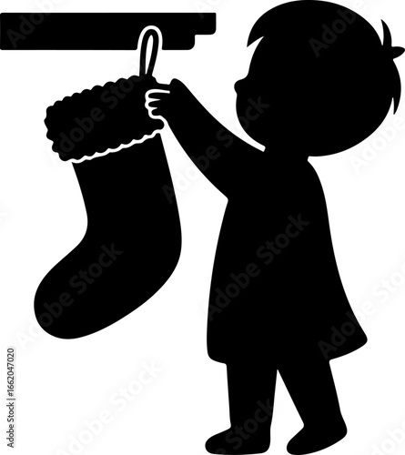 minimal black silhouette of a person or child hanging a Christmas stocking on a fireplace mantel