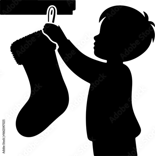 minimal black silhouette of a person or child hanging a Christmas stocking on a fireplace mantel