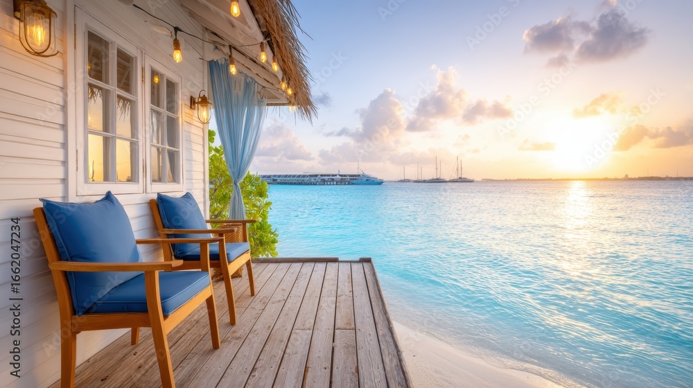 Fototapeta premium A serene beachside scene featuring a cozy deck with two chairs, soft lighting, and a stunning sunset over the water.