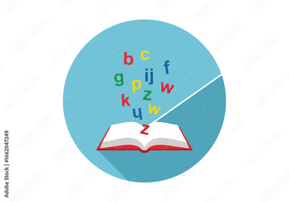 Obraz premium Vector illustration of an open book with colorful letters flying out, symbolizing the learning of language and the joy of reading, in a flat design