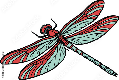 A detailed macro illustration of a green dragonfly with transparent wings on a clean