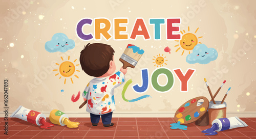 Happy boy painting and creating joy with art supplies hand drawn vector