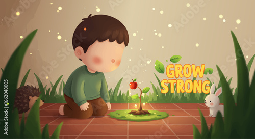 Caring boy nurturing a plant to "GROW STRONG" hand drawn vector
