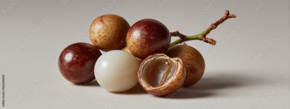 Obraz premium Longan fruit group with one split open revealing translucent flesh and seeds