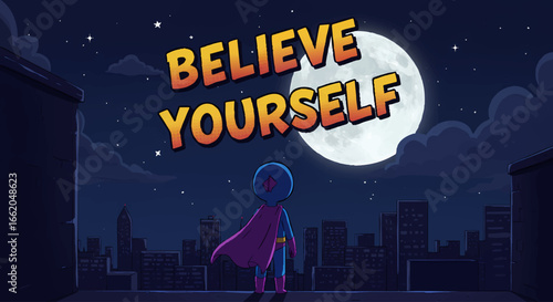 Child Superhero Believe Yourself City Skyline Full Moon