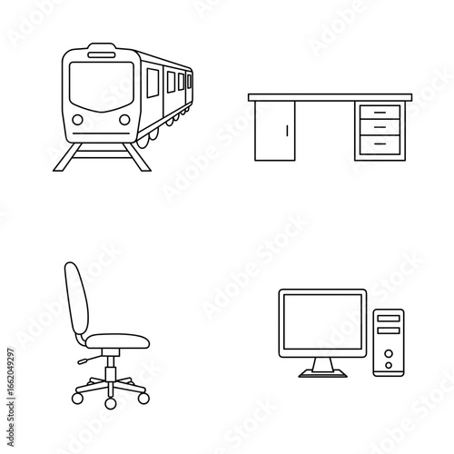 Collection of Return To Office-themed icons, including Commuter train, Office desk, Swivel chair, Desktop computer