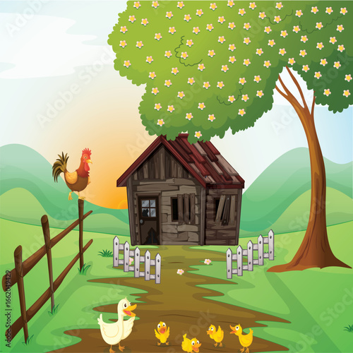 rural landscape with house and tree