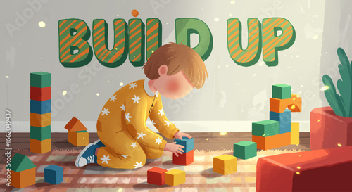 Child Building Up with Colorful Blocks Creative Play