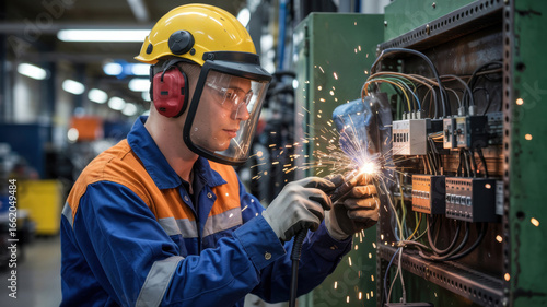 An industrial worker in protective gear — helmet, gloves and goggles — works at an electrical panel with exposed wires. Bright sparks are flying.