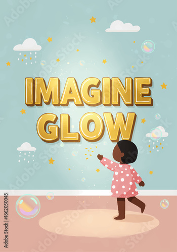 Little girl imagining with bubbles clouds and stars glow