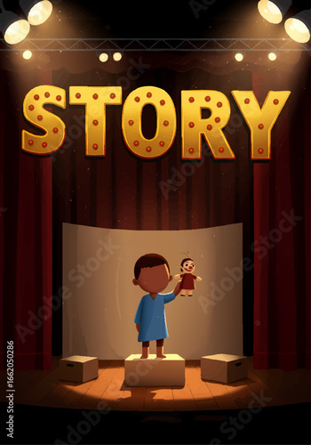 Young boy on stage telling story with puppet show