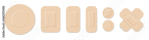 Medical plasters. Bandages set. Adhesive bandage for first aid for wounds operations and skin injuries. Protecting open wound from infection. Vector