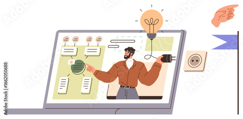 Man giving a virtual presentation with charts, ideas, chat bubbles, and notes displayed on a laptop. Ideal for education, innovation, teamwork, digital learning, technology communication