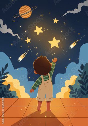 Little Boy Gazing at Stars and Planet in Night Sky Illustration