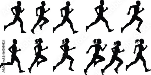 Running silhouette sequence of human motion, athletic poses in black vector for sports, fitness, animation, training, and movement analysis themes