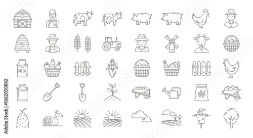 Comprehensive Collection of Farm and Agriculture Line Icons Essential Vector Graphics for Rural Lifestyle, Livestock, and Crop Production Themes