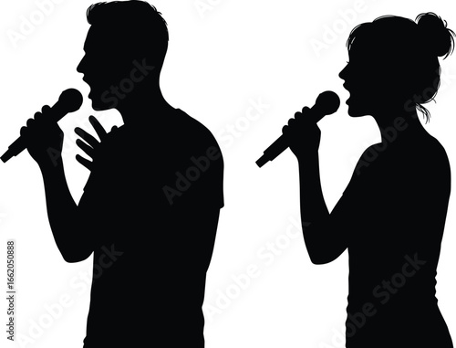 Silhouette singers with microphones performing duet, expressive vocal pose, music concert scene, artistic vector for entertainment, communication, podcast themes