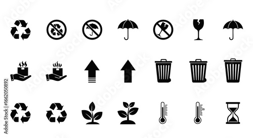 Set of recycle and garbage icons on a white background including thermometer, hourglass, and plant growth symbols