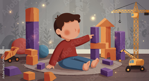 Happy Boy Playing with Colorful Building Blocks and Toys Vector