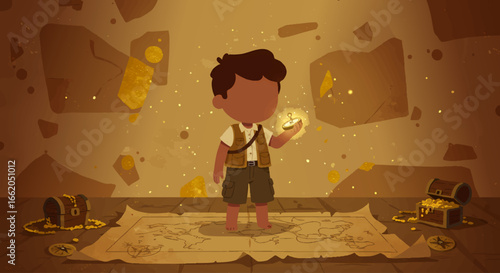Little Explorer Boy with Map Compass and Treasure Chests