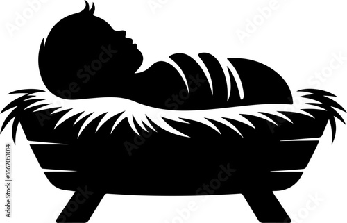 minimal black silhouette of baby Jesus lying peacefully in a manger