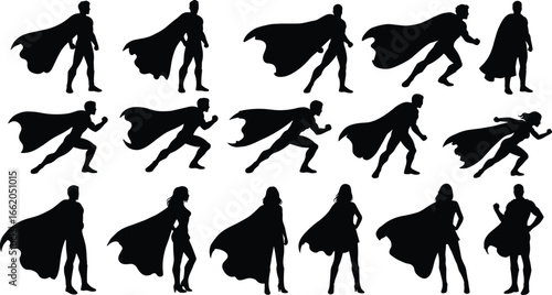 Superhero silhouettes in dynamic action poses with capes, black vector illustration for comics, power, fantasy, animation, and heroic themes