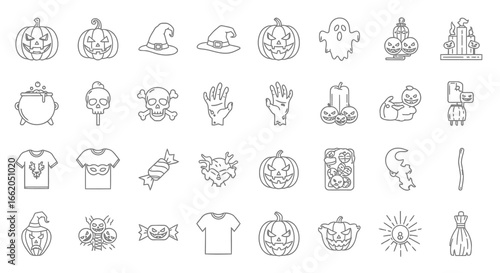 Set of black-outlined Halloween-themed illustrations arranged in a grid on a plain white background. Simple line art icons for spooky designs.