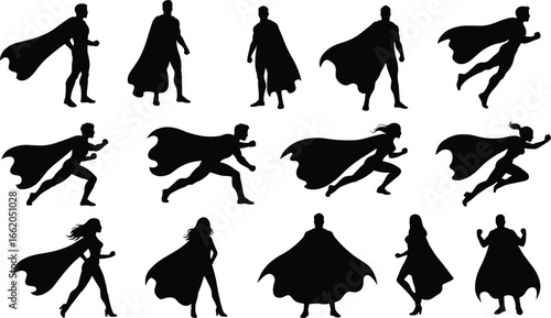 Superhero silhouettes in dynamic action poses with capes, black vector illustration for comics, power, fantasy, animation, and heroic themes